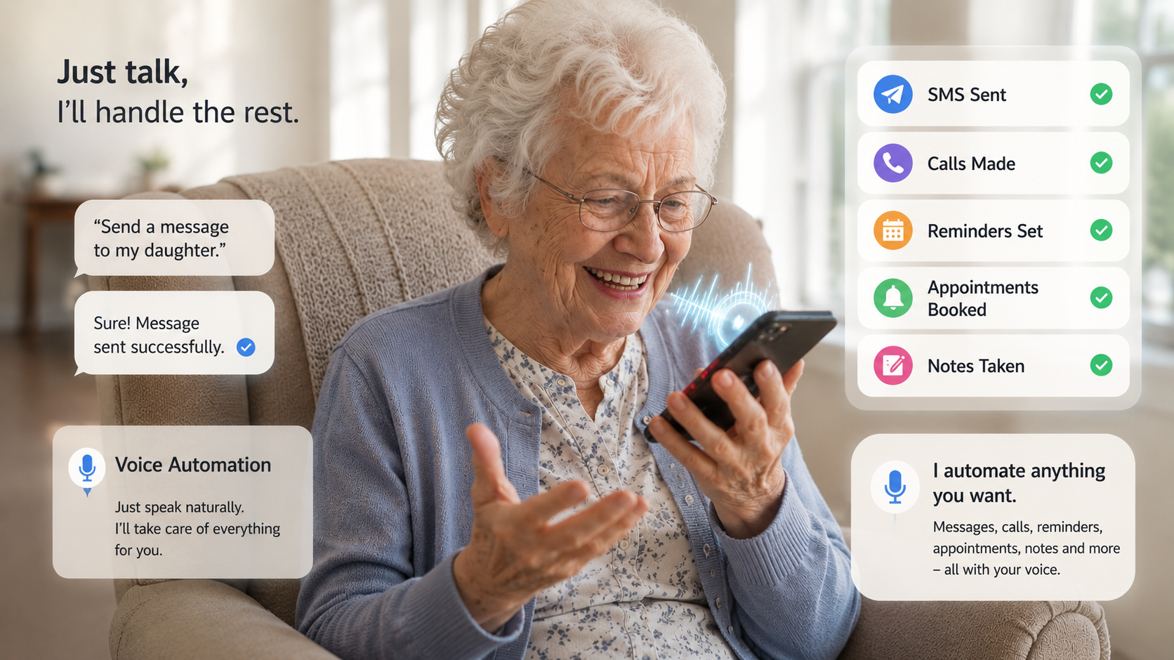 Elderly woman happily talking on the phone with ElderBuddyCare