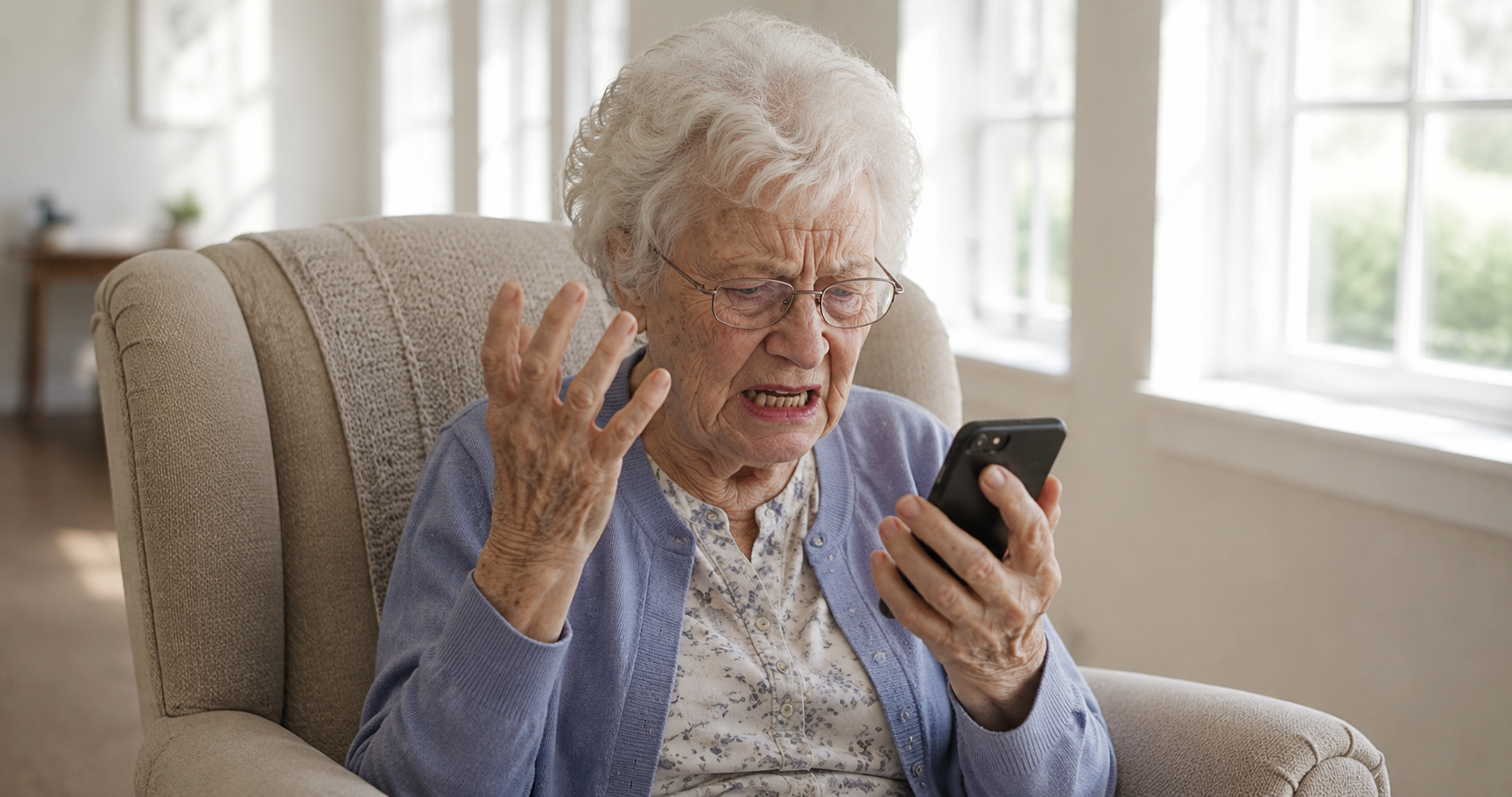 Elderly woman frustrated and confused by her phone